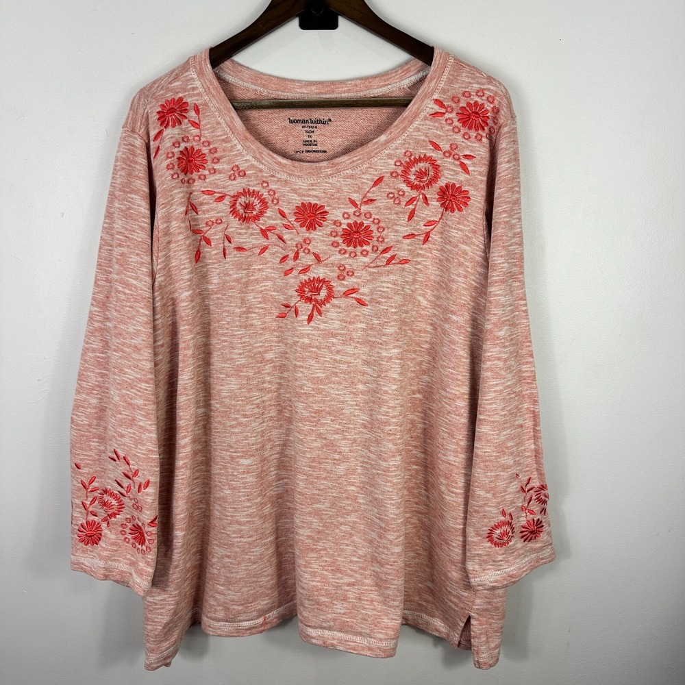 Woman Within Floral Embroidered Top Womens Plus 1X Pink Boho Cottage Romantic